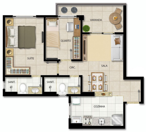 Apartamento Tipo 1 (Colunas 1, 4, 5 e 8)
2 quartos, suíte, varanda - 54m²