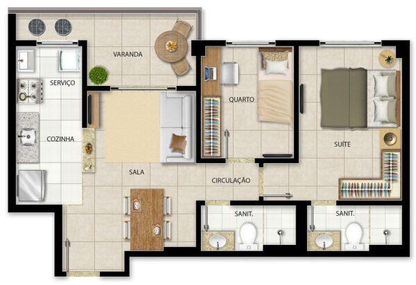 Apartamento Tipo 1 (Colunas 2, 3, 6 e 7)
2 quartos, suíte, varanda - 53m²