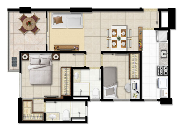 Apartamentos Tipo A e C - 58m² privativos (Colunas 1, 3, 5 e 7)
2/4, Varanda, Suíte e Closet