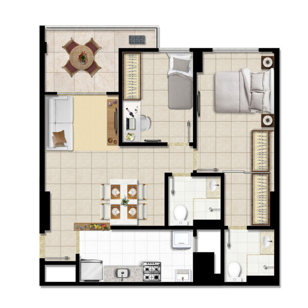 Apartamentos Tipo D - 59m² privativos (Coluna 4)
2/4, Varanda, Suíte e Closet