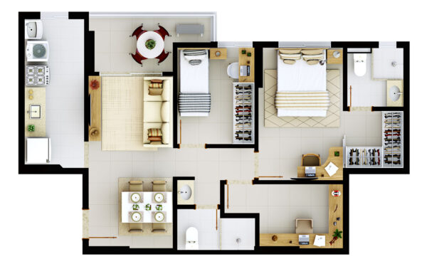 Apartamento Tipo 2 (Coluna 3)
2 Quartos (Suíte) e Gabinete - 61m² privativos