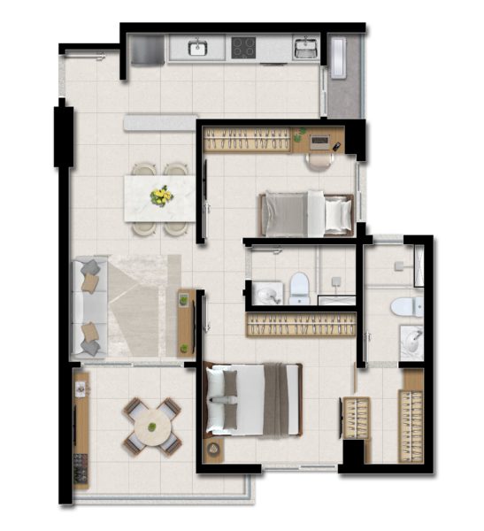 2 quartos suíte, closet e varanda com 59 m² de área privativa -  colunas 1, 4, 5 e 8