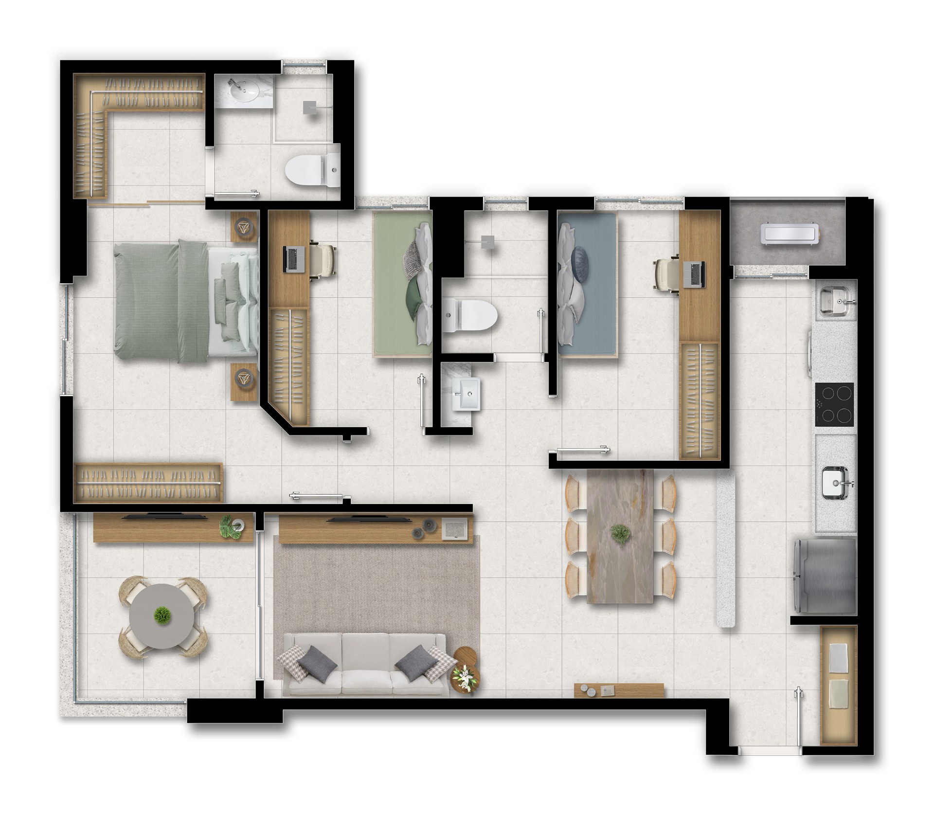 Tipo A - 3 quartos (suíte), closet, lavabo e varanda - 81,49 m2 de área privativa - Colunas 1 e 3