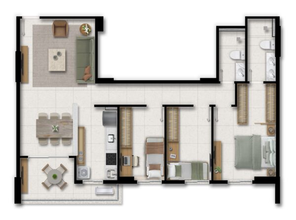 Tipo D - 3 quartos (suíte), closet, lavabo e varanda - 91,55m2 de área privativa - Coluna 5