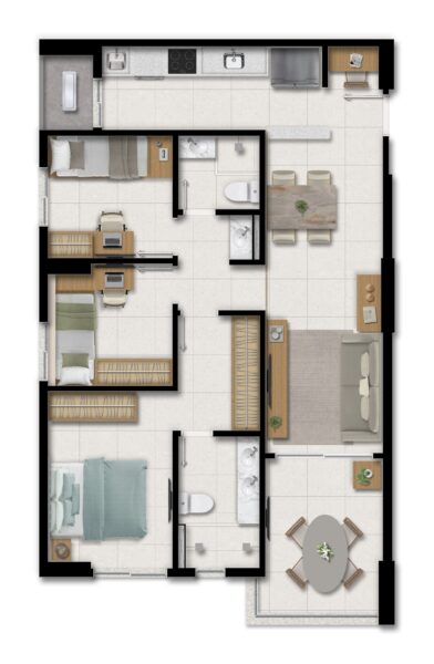 Tipo E - 3 quartos (suíte), closet, lavabo e varanda - 80.06 m2 de área privativa - Coluna 6