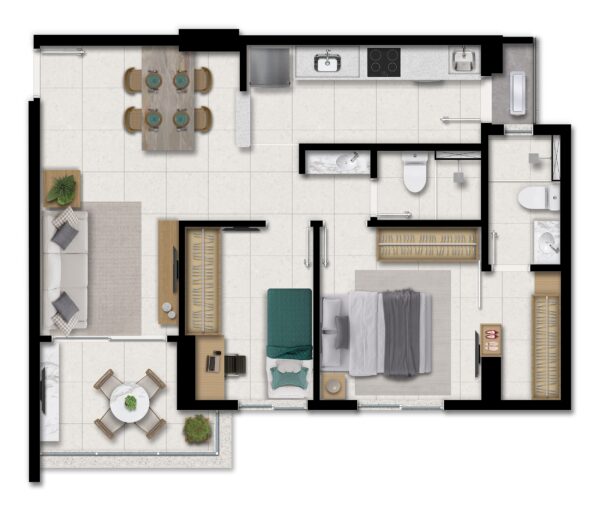 Tipo 01 - 2 quartos, suíte, closet, cozinha americana, varanda - 61,91m² privativos - Colunas 1,4,5 e 8