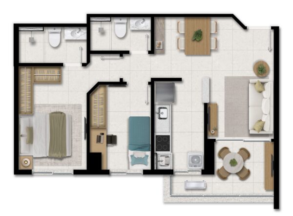 Tipo 02 (Opcional) - 2 quartos, suíte, quarto, living, cozinha americana, varanda - 57,07m² privativos - Colunas 6 e 7