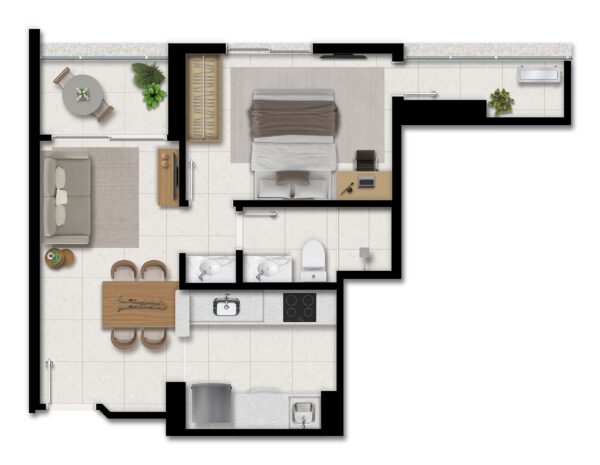Tipo 03 - Quarto e sala, quarto c/ varanda, sanitário, cozinha americana, varanda - 43,62m² privativos - Coluna 2
