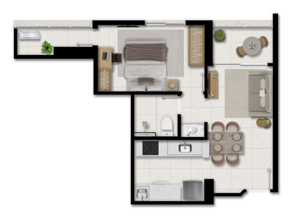 Tipo 03 - Quarto e sala, quarto c/ varanda, sanitário, cozinha americana, varanda - 43,15m² privativos - Coluna 3